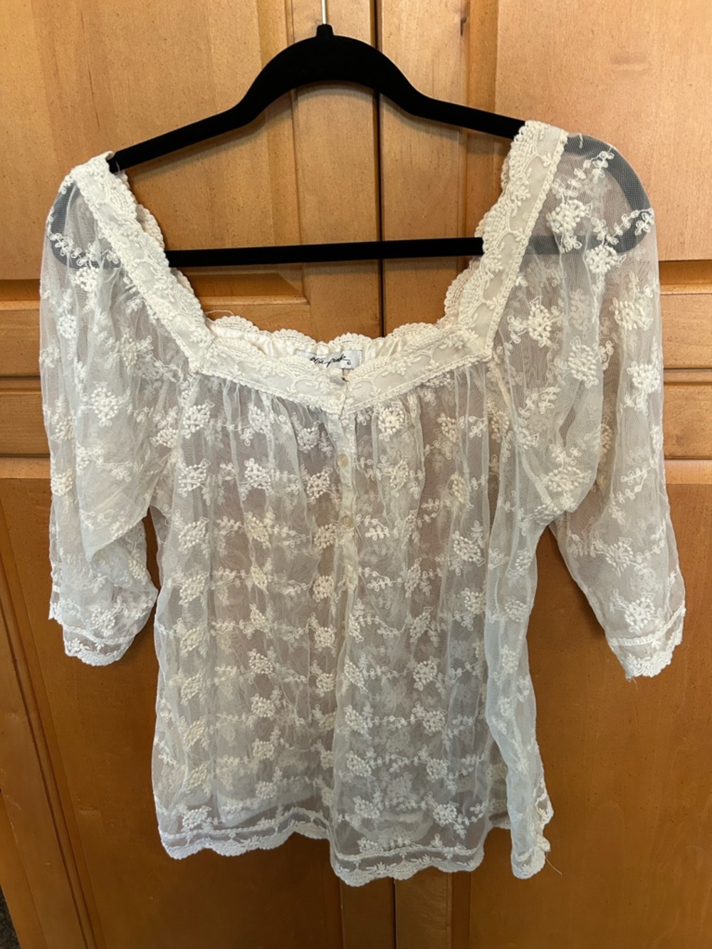 Ultra Pink Sheer White Lace Peasant Blouse